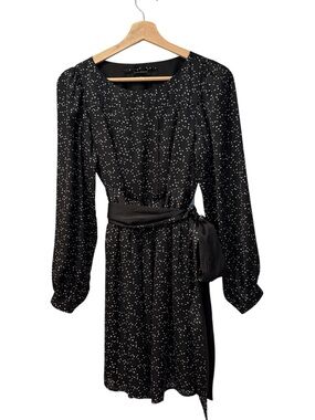 CLUB MONACO Turple Dress Black Sheer Long Sleeve Midi Bird Print Size S